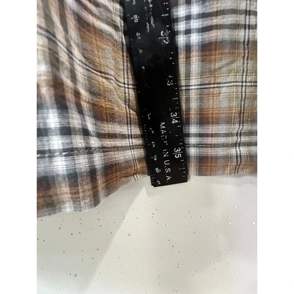 Mutual Weave Mens 5XLT Plaid Short Sleeve Button Down Shirt Brown Tan Stretch